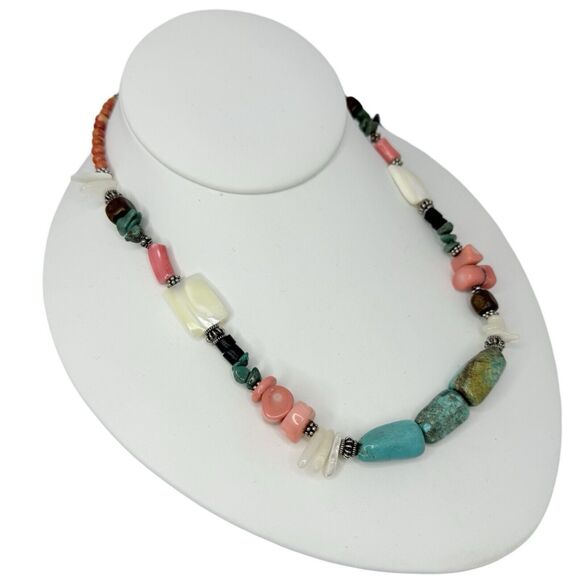 925 Sterling Silver Turquoise Necklace 18.5"   Beaded Coral Accents - Picture 2 of 14